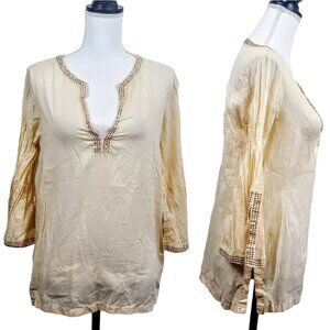 ZARA WOMAN Tunic Top, Beige Long Sleeve Rhinestones Side Slit V-Neck Bohemian, S